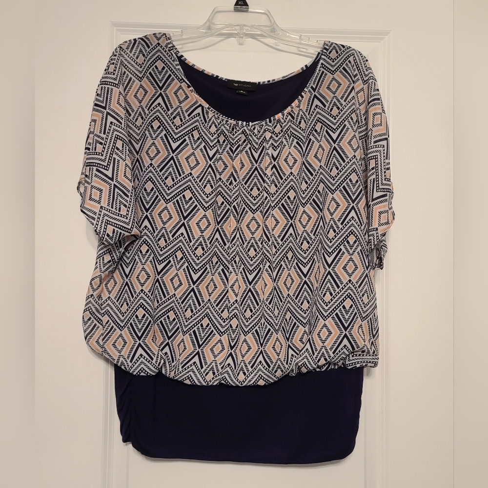 Women's AB Studio Sz L Navy/White/Pink Pattern Blouse, EC